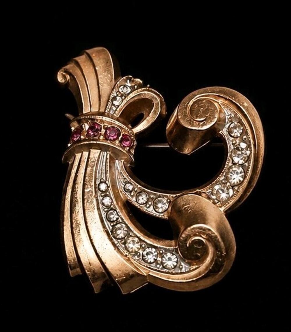 Vintage Walter Lampl 1940s Retro Gold Filled Scroll Ribbon Bow Brooch Signed